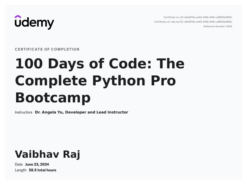 100 Days of Code Certificate